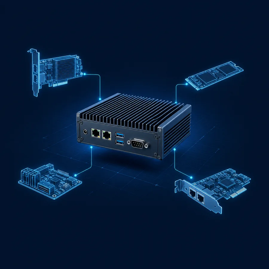 一台無風扇工業電腦，周圍環繞四種可搭配的模組示意：PCIe 擴充卡、M.2 固態硬碟、載板與網路卡