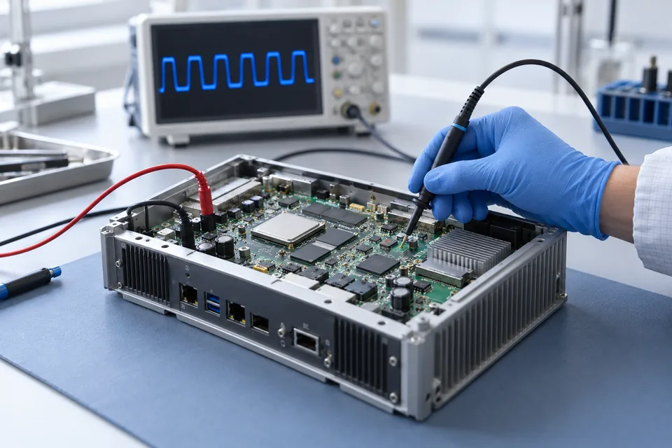 戴防靜電手套的手拿探棒量測打開上蓋的工業電腦主機板,後方示波器顯示方波